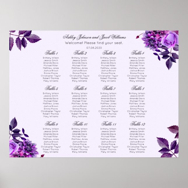 Poster Carte des sièges mariages aux fleurs violettes. Li (Devant)