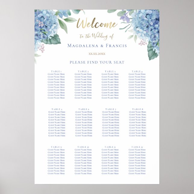 Poster carte des sièges mariages bleu hydrangea (Devant)