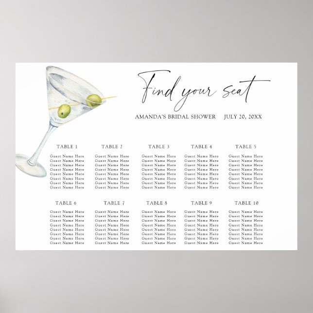 Poster Carte des sièges Mariages de cocktail Dry Martinis (Devant)