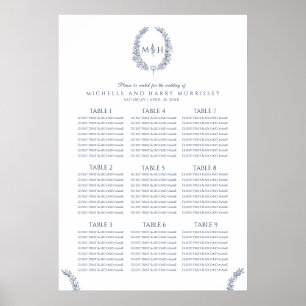 Poster Carte des sièges mariages en feuille bleu et blanc