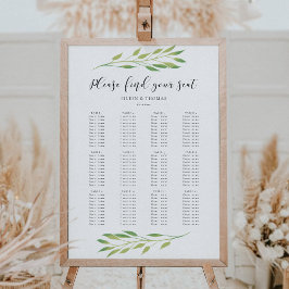 Poster Carte des sièges mariages feuille vert aquarelle