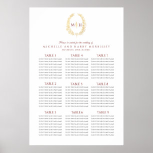Poster Carte des sièges mariages feuilles en couronne rou