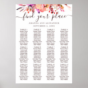 Poster Carte des sièges mariages rose aquarelle