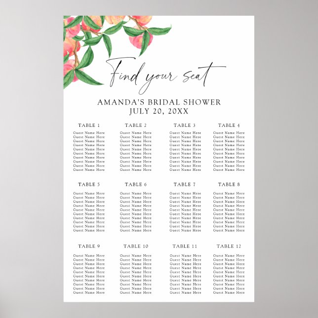 Poster Carte des sièges pour les pêches aquarelles (Devant)