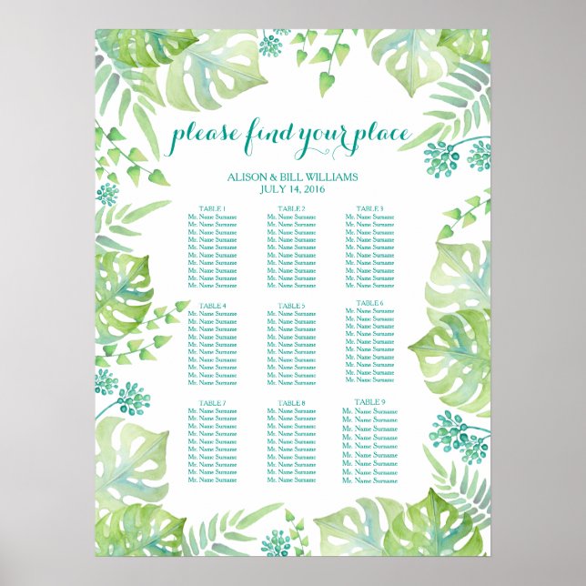Poster Carte des sièges pour mariages feuille tropicaux (Devant)