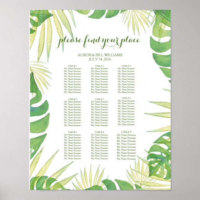 Poster Carte des sièges pour mariages feuille tropicaux (Devant)