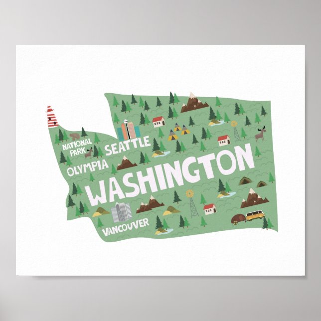 Poster Carte des sites de l'icône de washington (Devant)