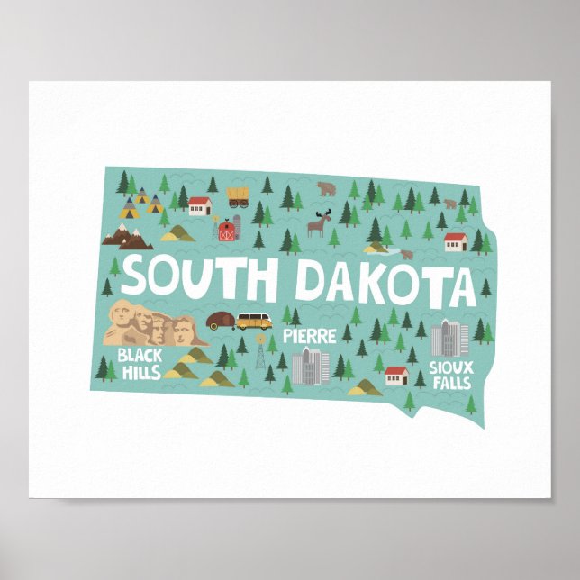 Poster Carte des sites de l'icône du Dakota du Sud (Devant)