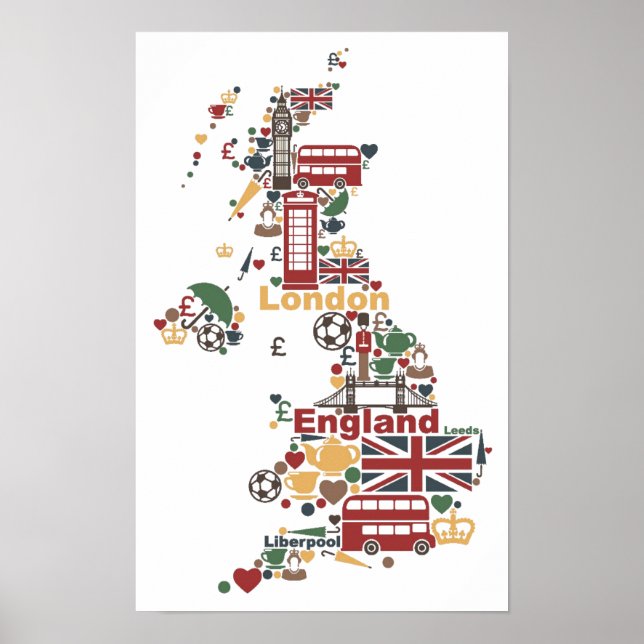 Poster Carte des symboles de l'Angleterre (Devant)