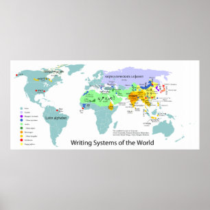 Poster Carte des systèmes d'écriture de la carte mondiale