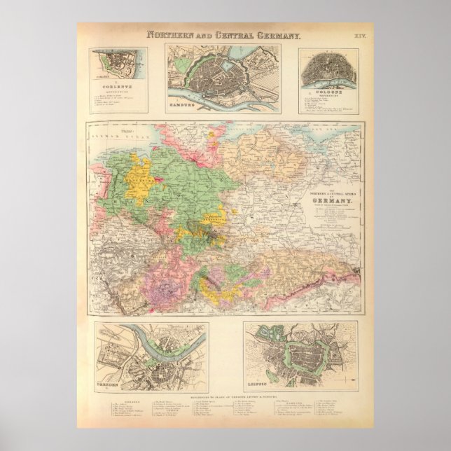 Poster Carte des villes du centre et du nord de l'Allemag (Devant)