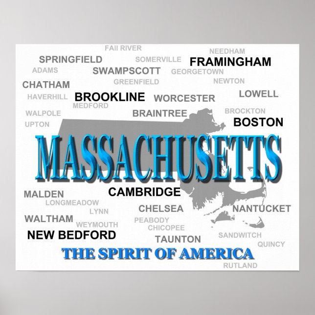 Poster Carte des villes et villes du Massachusetts State  (Devant)