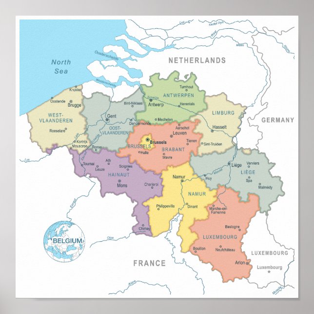 Poster Carte détaillée de la Belgique (Devant)