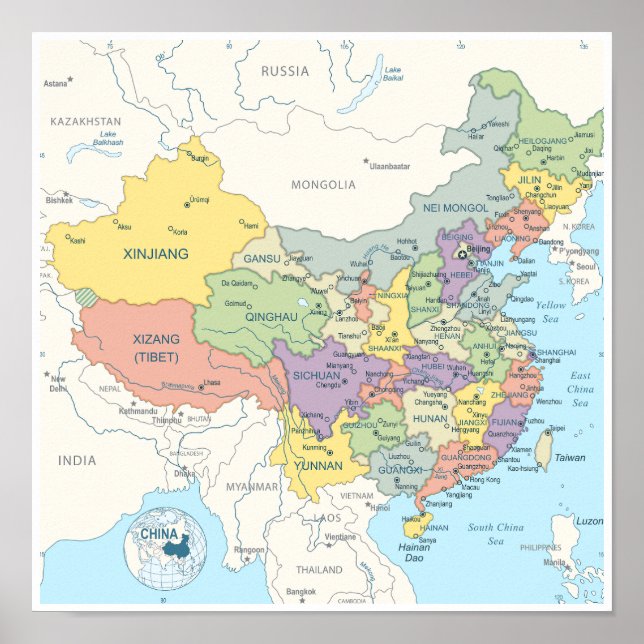 Poster Carte détaillée de la Chine (Devant)