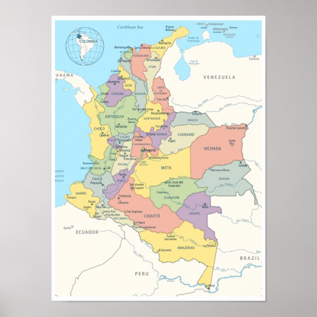 Poster Carte détaillée de la Colombie (Devant)