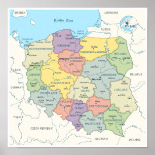 Poster Carte détaillée de la Pologne