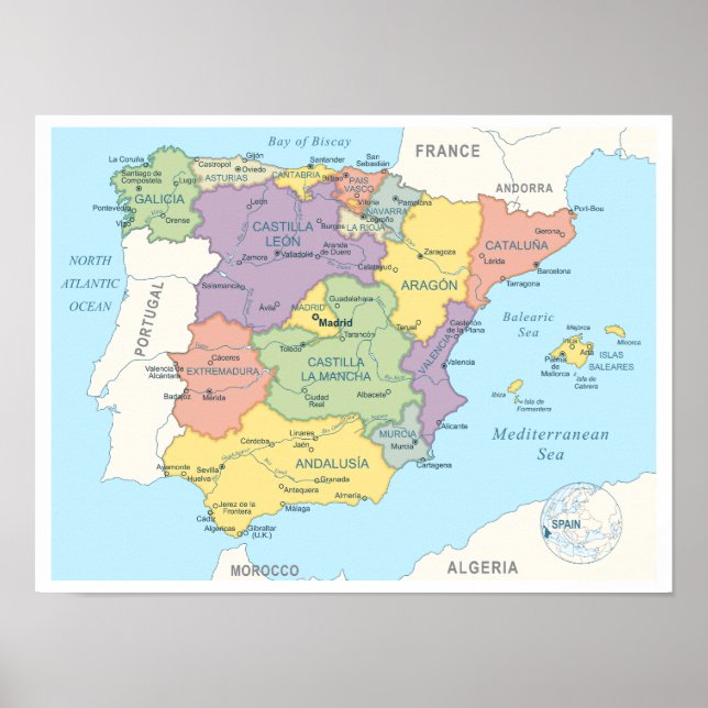 Poster Carte détaillée de l'Espagne (Devant)