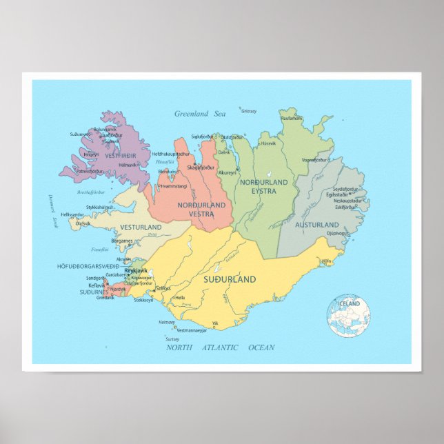 Poster Carte détaillée de l'Islande (Devant)