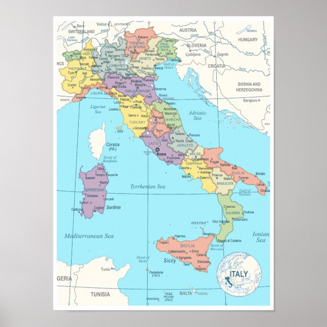 Poster Carte détaillée de l'Italie (Devant)