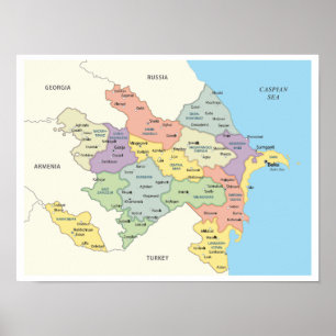 Poster Carte détaillée des régions d'Azerbaïdjan