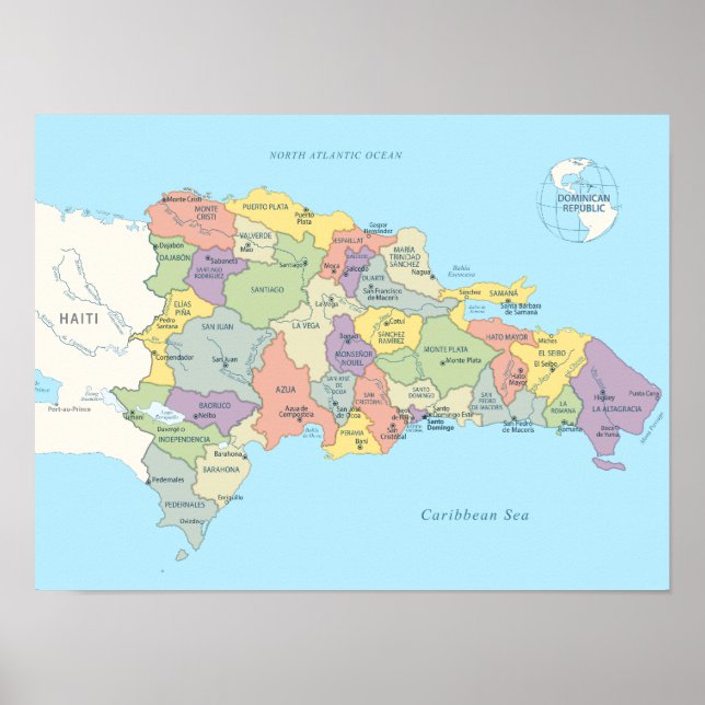 Poster Carte détaillée des régions de République Dominica (Devant)