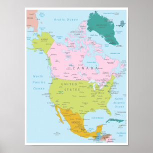 Poster Carte détaillée du continent nord-américain