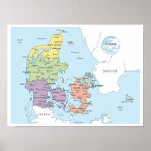 Poster Carte détaillée du Danemark