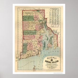 Poster Carte d'Île de Rhode et des plantations 1880 de