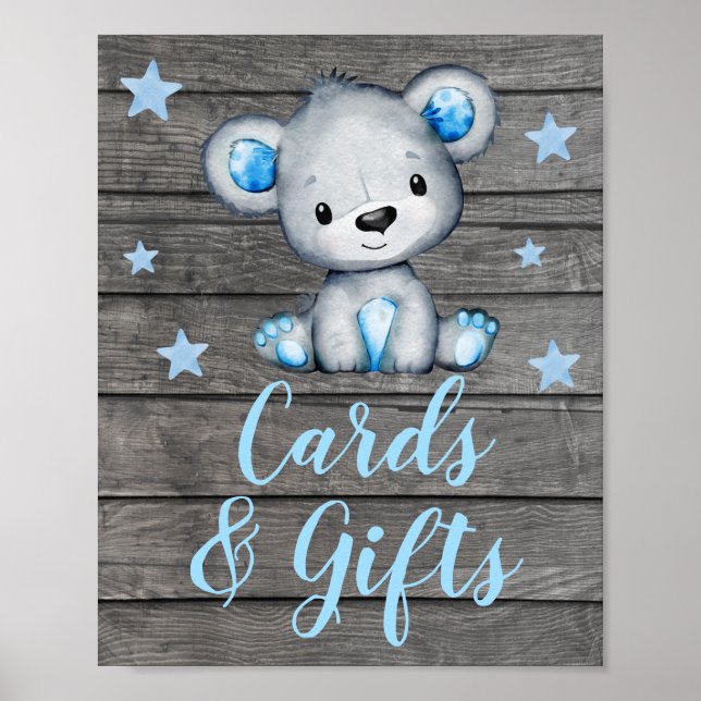 Poster Carte d'ours bleue et cadeaux Panneau de signalisa (Devant)