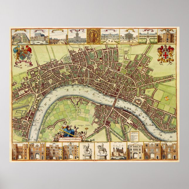Poster Carte du 17ème siècle de Londres Angleterre par W. (Devant)