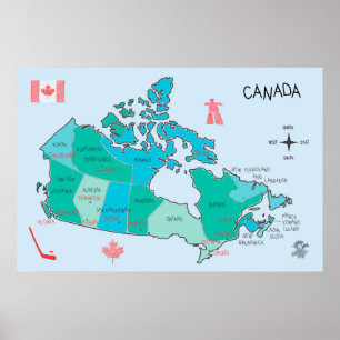 Poster Carte du Canada dessinée à la main avec illustrati