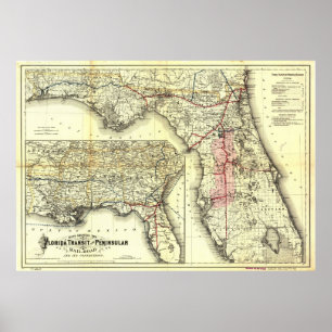 Poster Carte du chemin de fer de Floride vintage (1882)