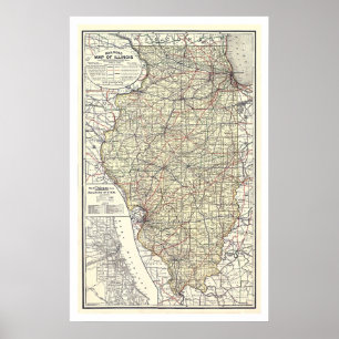 Poster Carte Du Chemin De Fer De L'Illinois 1898