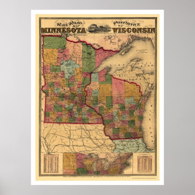 Poster Carte du chemin de fer Minnesota & Wisconsin 1871 (Devant)
