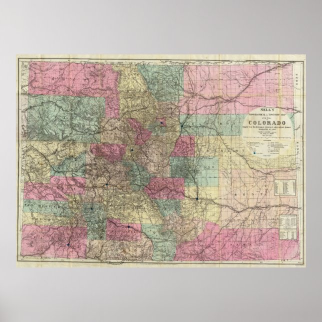 Poster Carte du Colorado avec les villes (1884) (Devant)