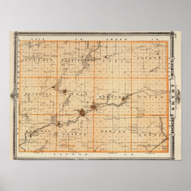 Poster Carte du comté d'Adams, État de l'Iowa (Devant)