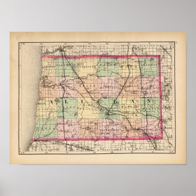 Poster Carte du comté d'Allegan, Michigan (Devant)