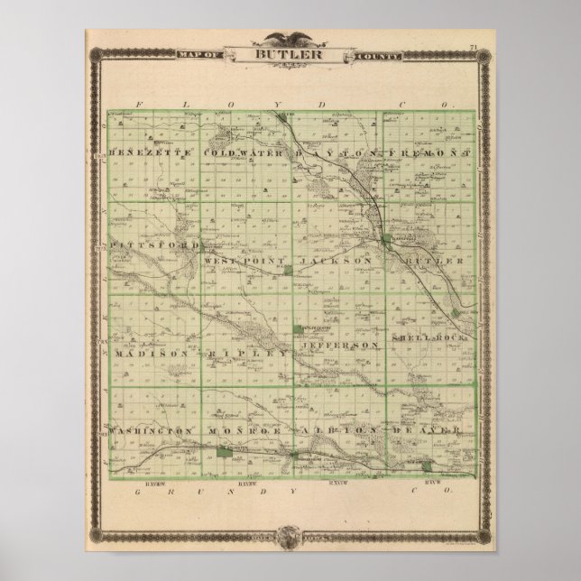 Poster Carte du comté de Butler, État de l'Iowa (Devant)