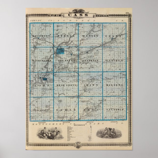 Poster Carte du comté de Cass, État de l'Iowa (Devant)