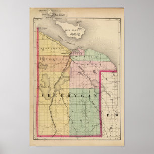 Poster Carte du comté de Cheboygan, Michigan