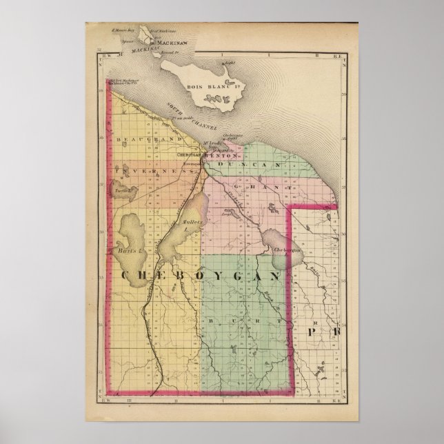 Poster Carte du comté de Cheboygan, Michigan (Devant)