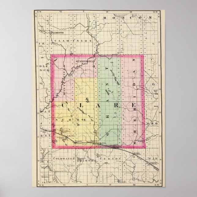 Poster Carte du comté de Clare, Michigan (Devant)