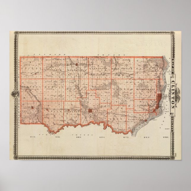 Poster Carte du comté de Clinton, État de l'Iowa (Devant)