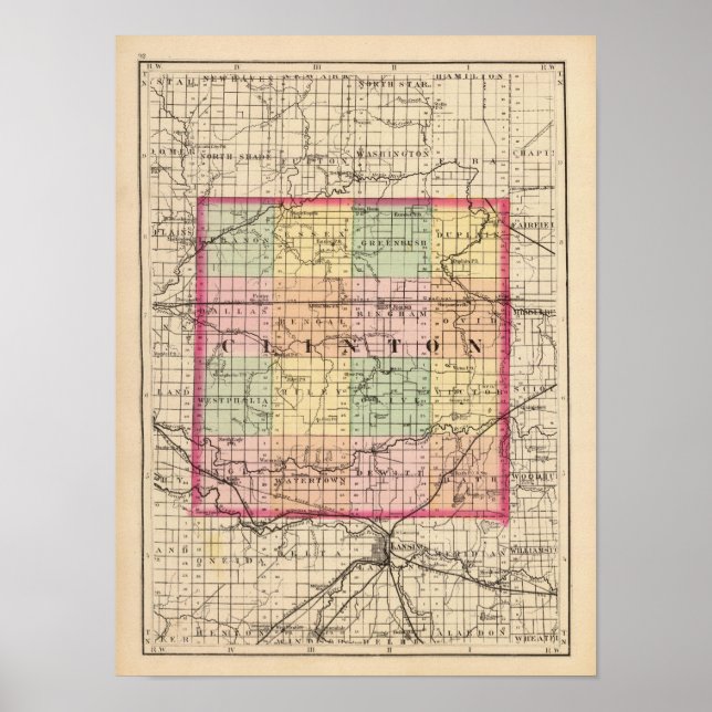 Poster Carte du comté de Clinton, Michigan (Devant)