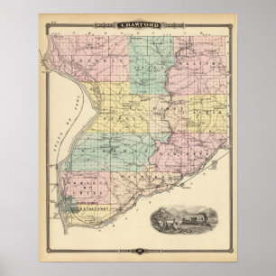 Poster Carte du comté de Crawford, État du Wisconsin