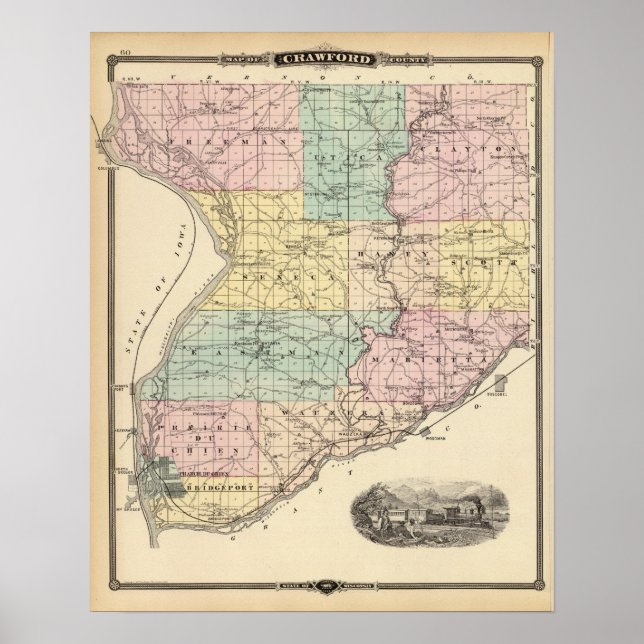 Poster Carte du comté de Crawford, État du Wisconsin (Devant)