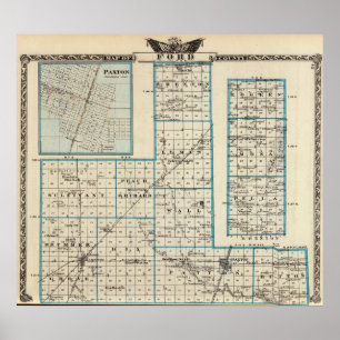 Poster Carte du comté de Ford et de Paxton