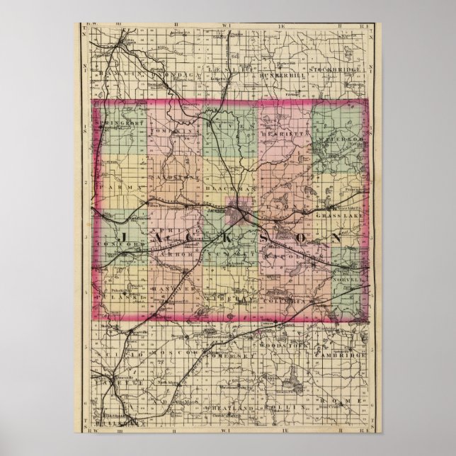 Poster Carte du comté de Jackson, Michigan (Devant)
