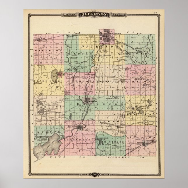 Poster Carte du comté de Jefferson, État du Wisconsin (Devant)