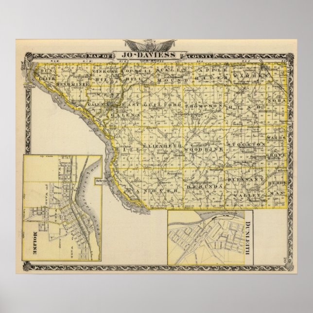 Poster Carte du comté de JoDaviess, Moline et Dunleith (Devant)